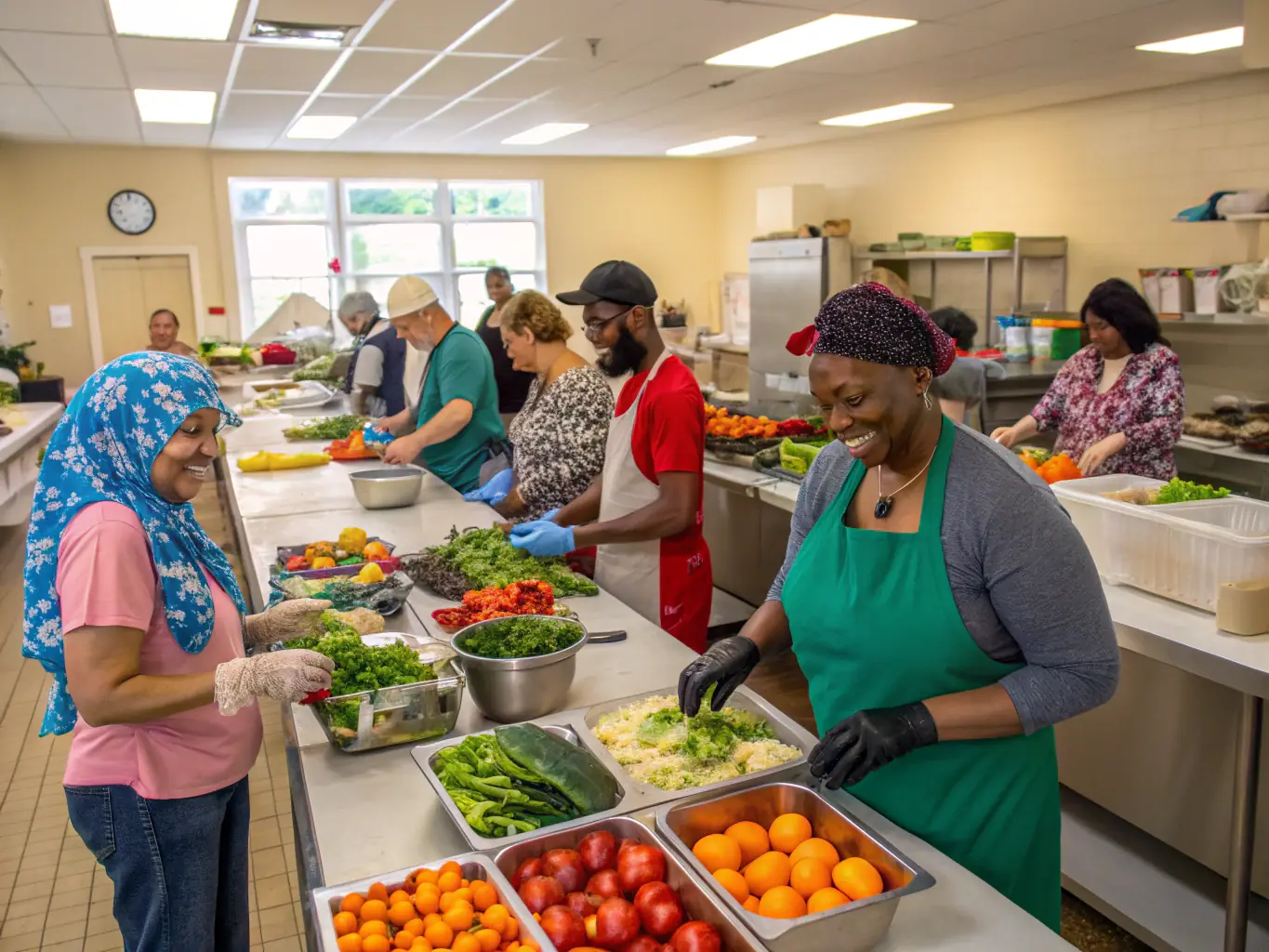A group of church volunteers preparing meals for the homeless, showcasing the church's outreach program.