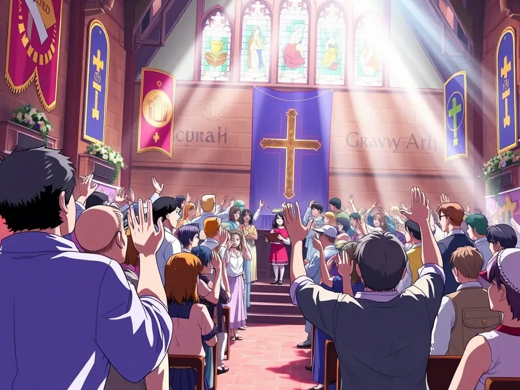 A choir practicing hymns in the church, highlighting the church's music program.