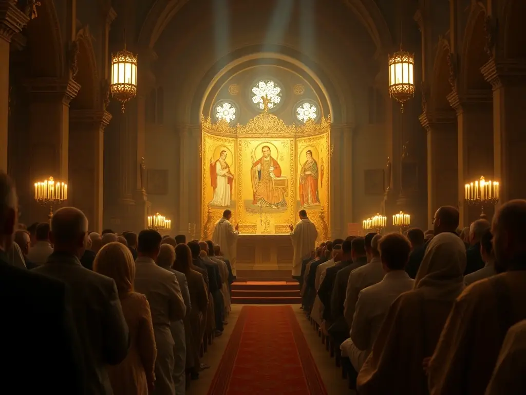 A serene image of a traditional Orthodox Christian Divine Liturgy in progress, with priests officiating and congregants reverently participating in prayer and communion.