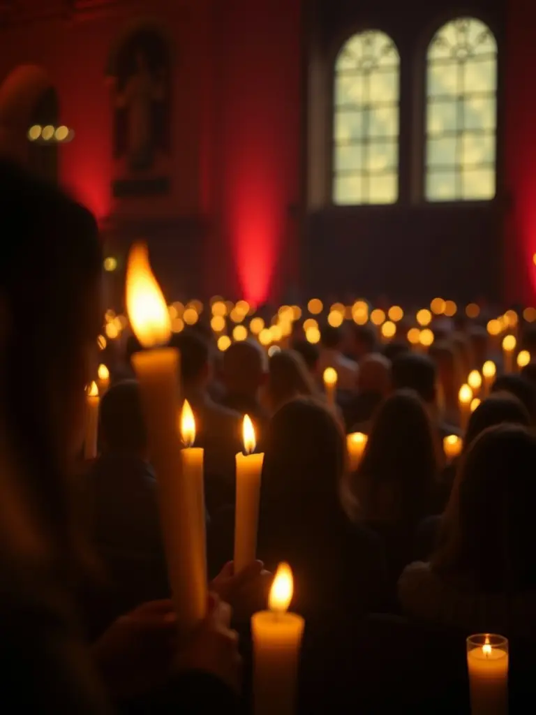 A photograph of the Eglise Orthodoxe Autonome D'Europe during a special Paschal (Easter) service, filled with candles, joyous singing, and the proclamation of Christ's Resurrection.