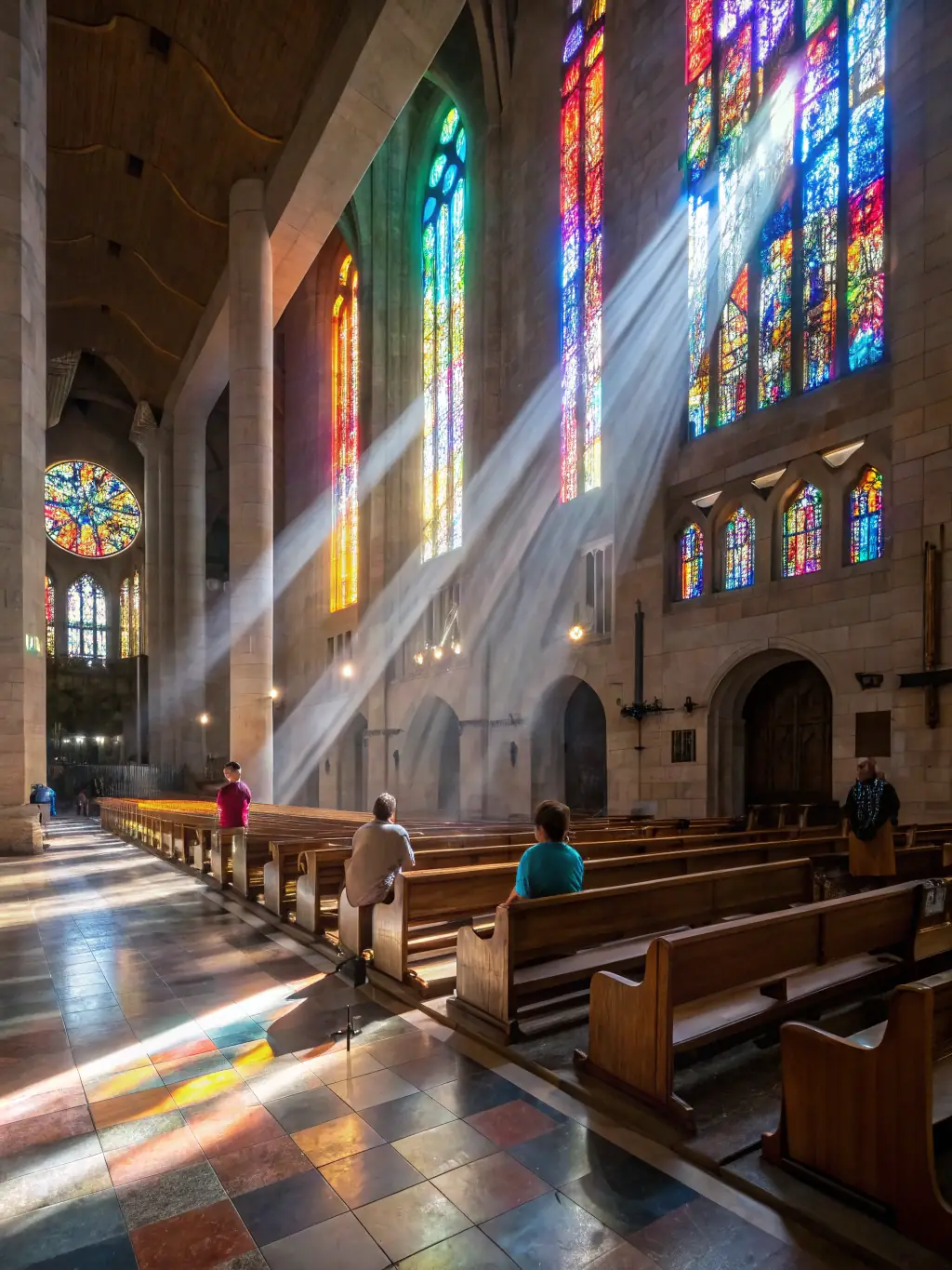 A serene image of the interior of the Eglise Orthodoxe Autonome D'Europe during a Divine Liturgy, with sunlight streaming through the stained-glass windows, illuminating the altar and the priest.