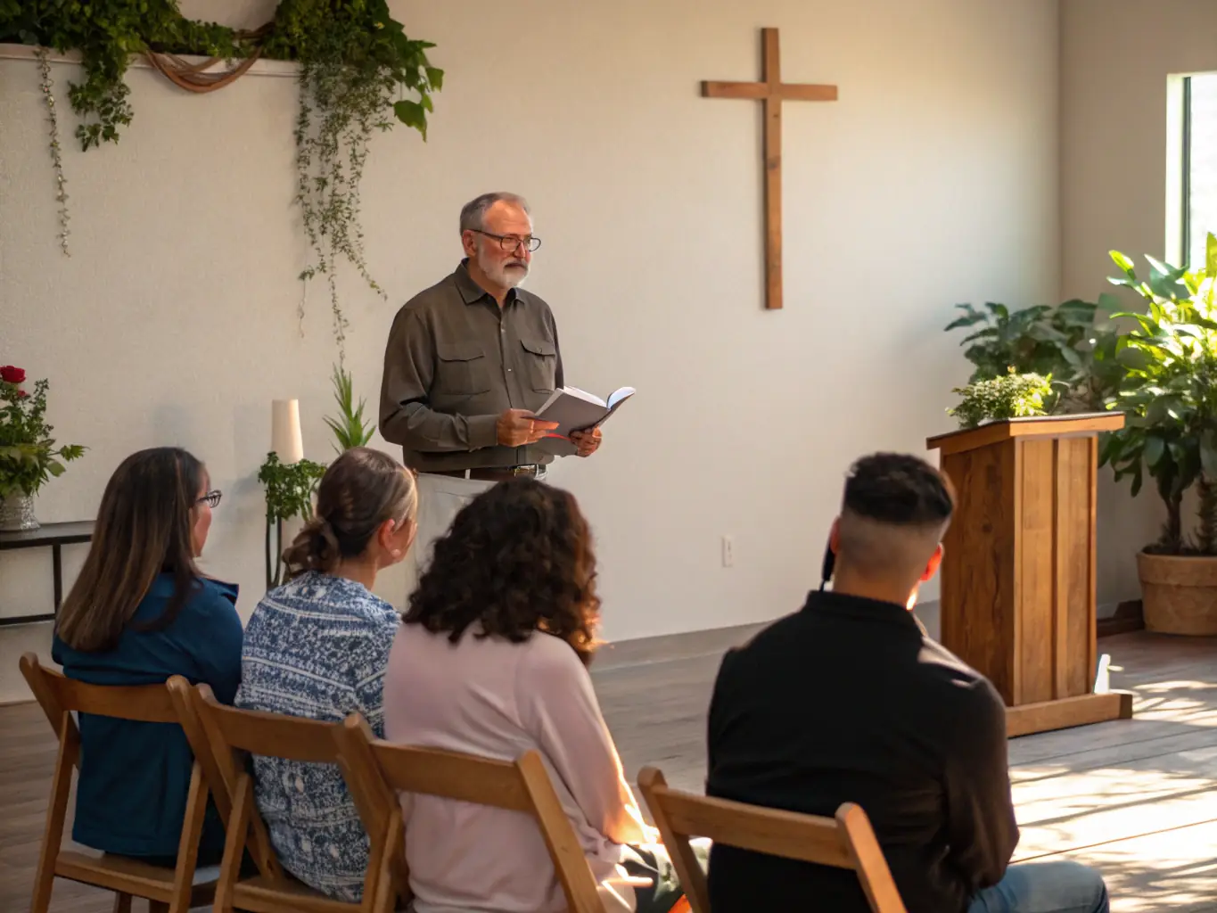 A compassionate pastor offering guidance and support to a parishioner in a quiet, comforting setting, symbolizing the church's commitment to pastoral care.